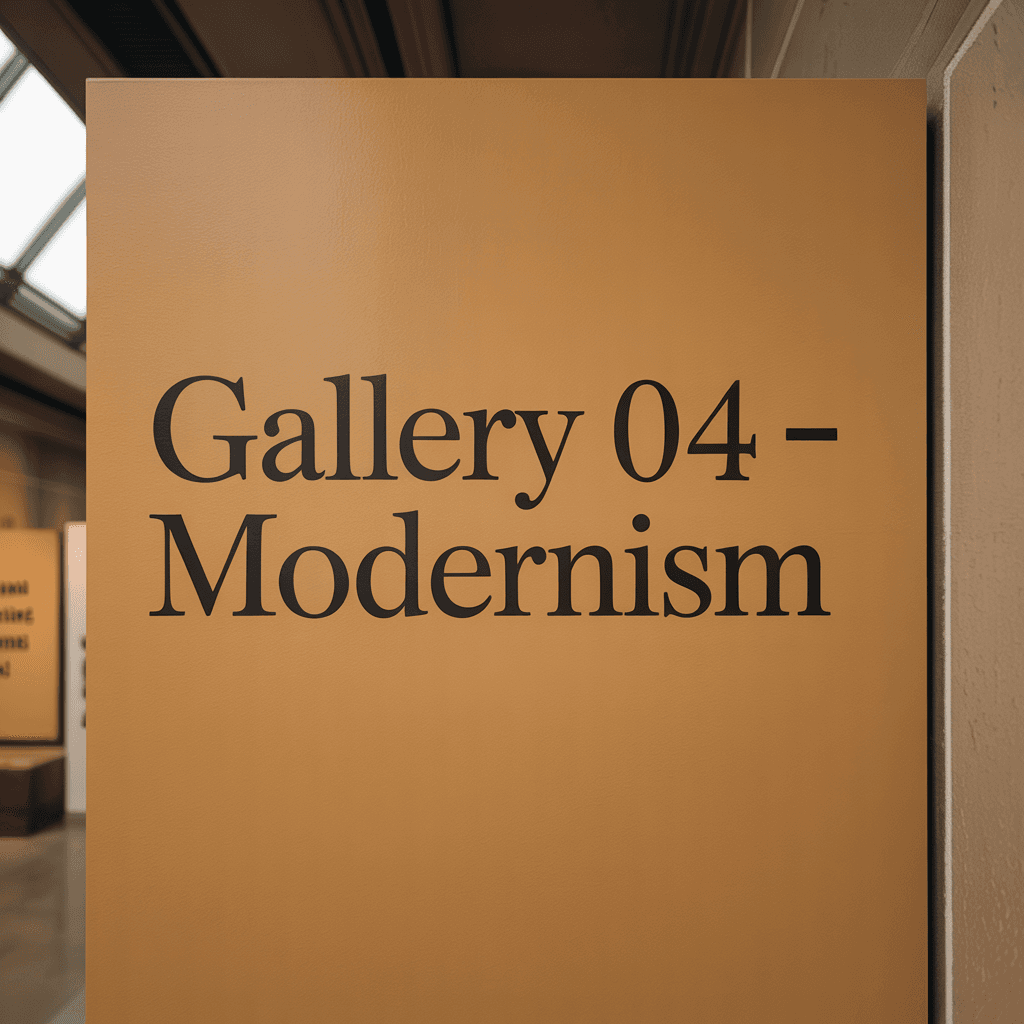 Wayfinding panel for 'GALLERY 04 · MODERNISM' in condensed sans-serif on warm sand wall.
