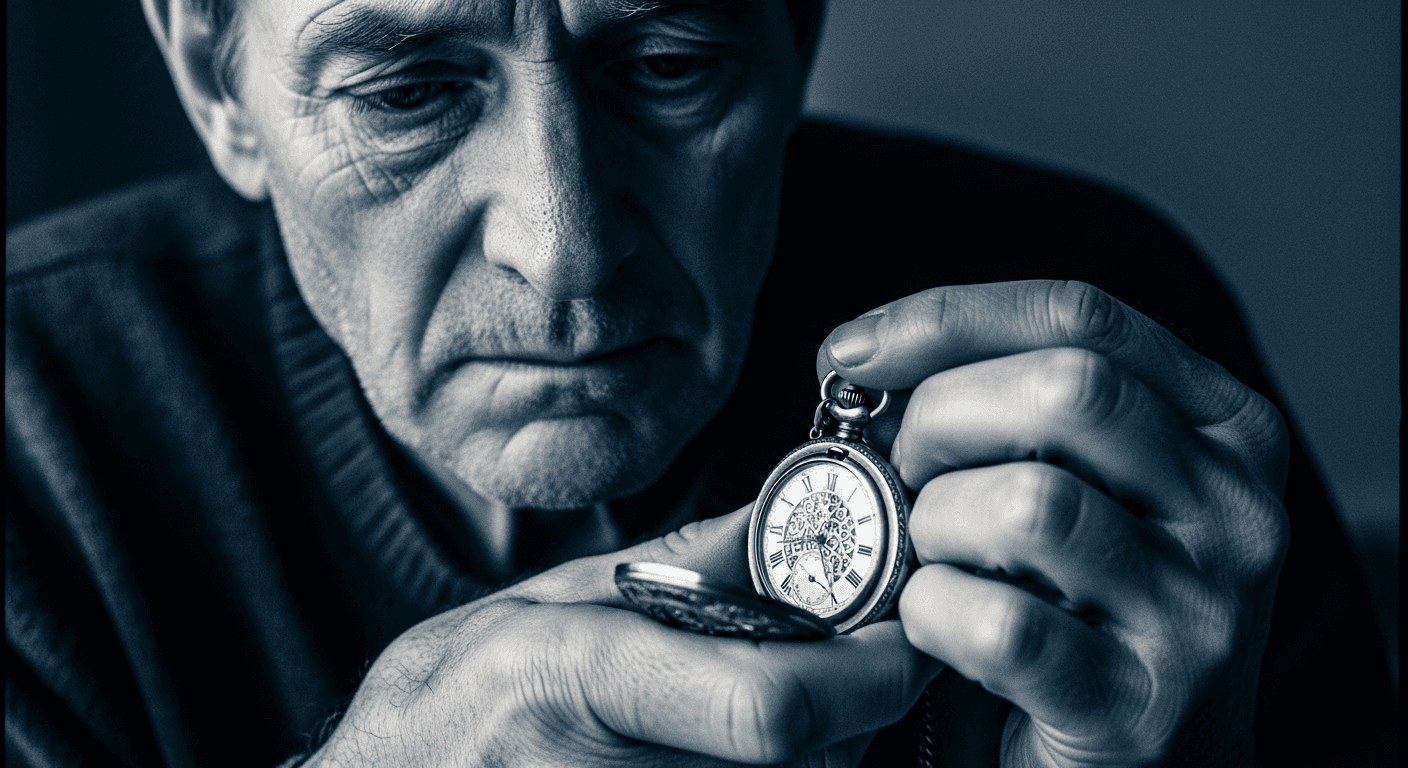 35mm portrait of a man in his 60s holding a vintage pocket watch.