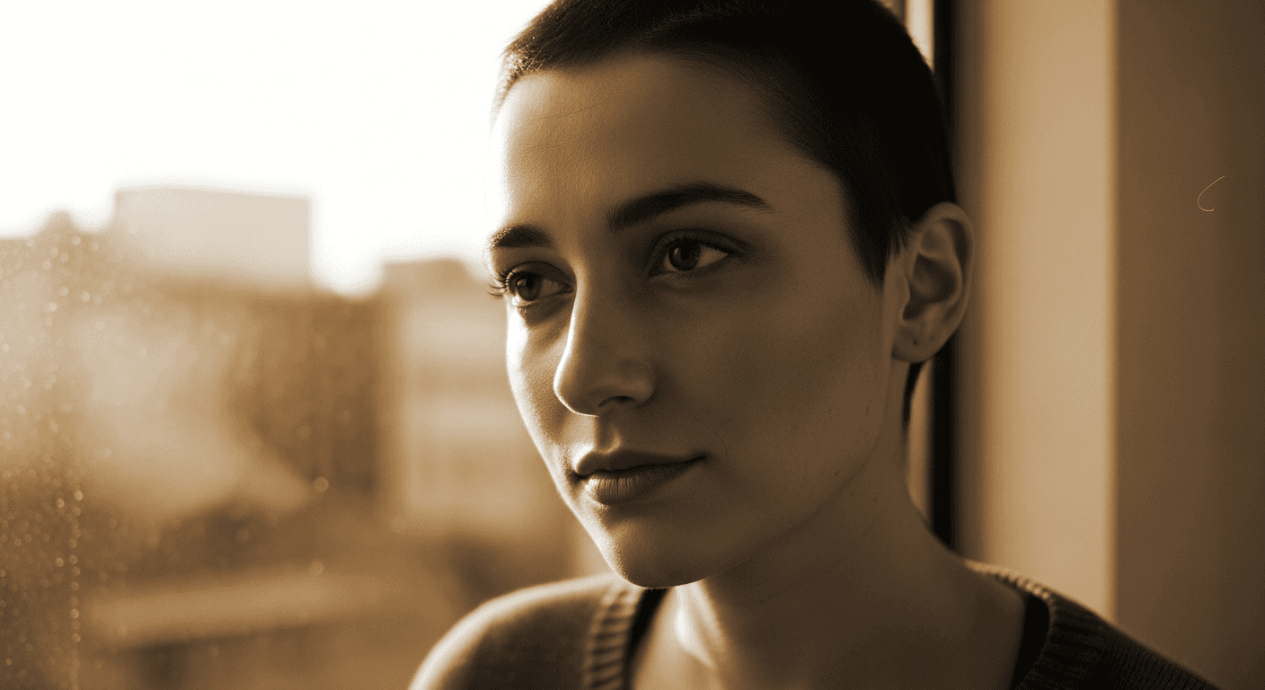 35mm editorial portrait of a young woman with closely-cropped hair in warm sepia duotones.