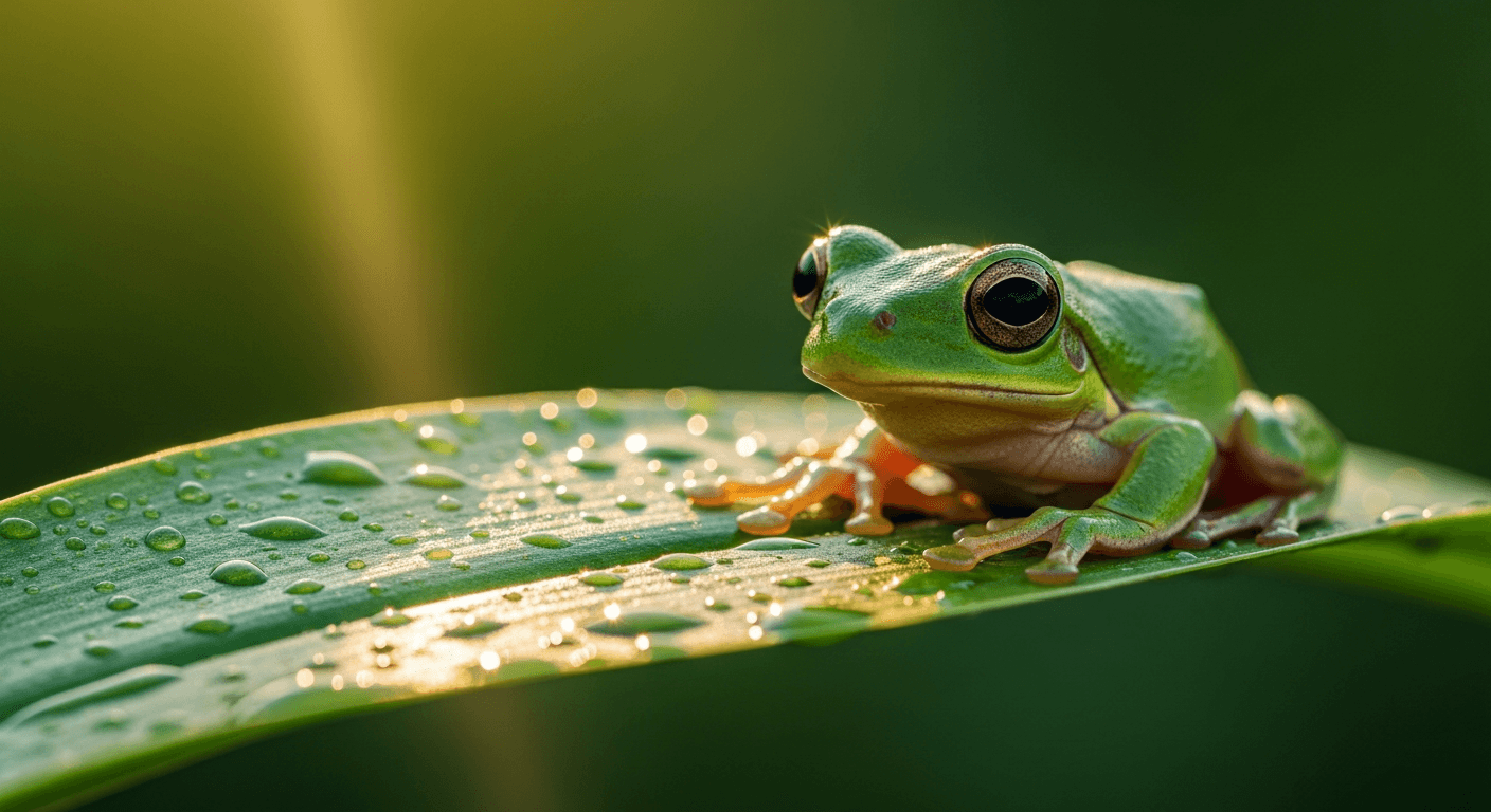 Macro of a tiny green tree frog perched on a glistening leaf at dawn.