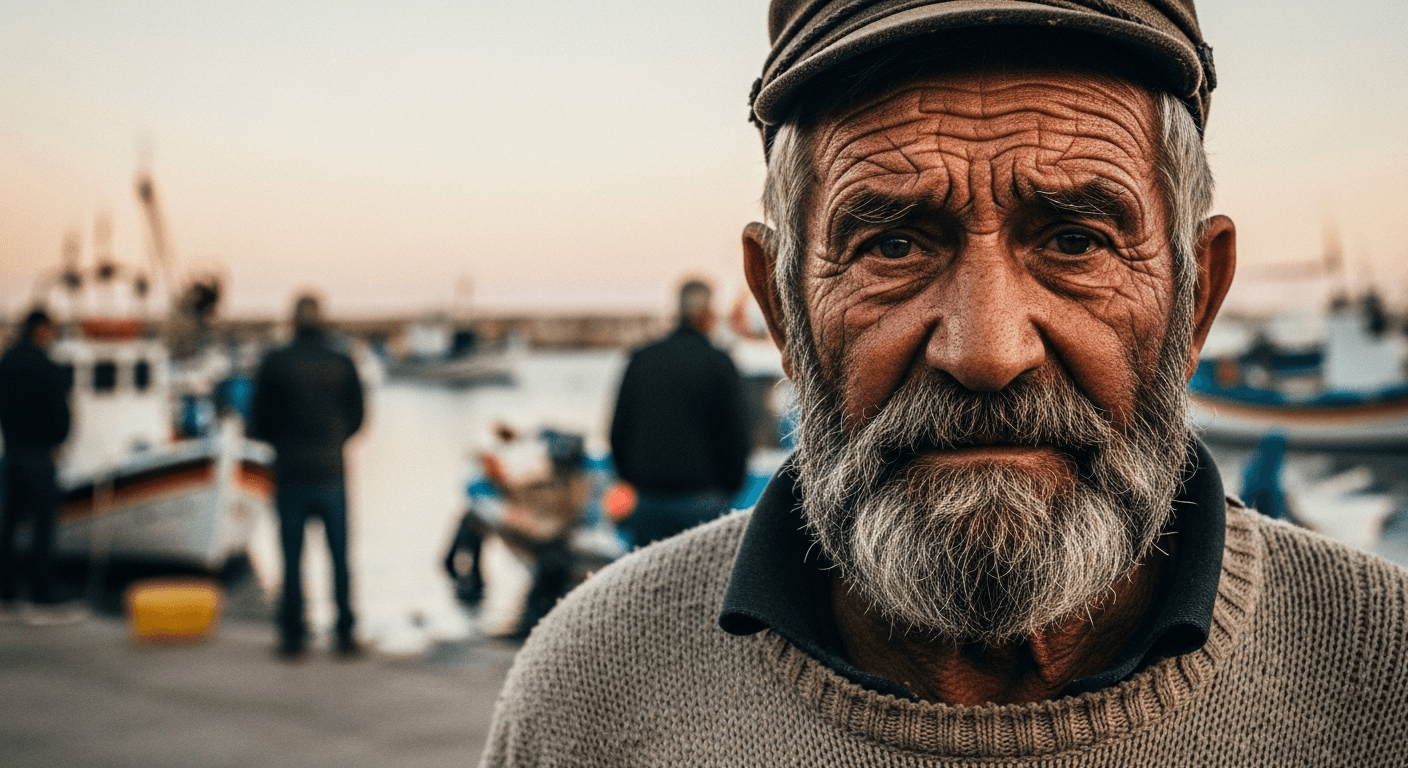 35mm portrait of an elderly Greek fisherman at the harbor with weathered face.