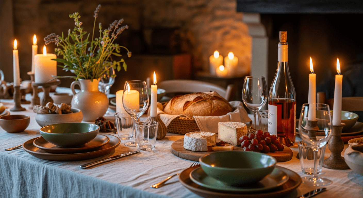 Editorial photograph of a candle-lit dinner table at a Provençal farmhouse.