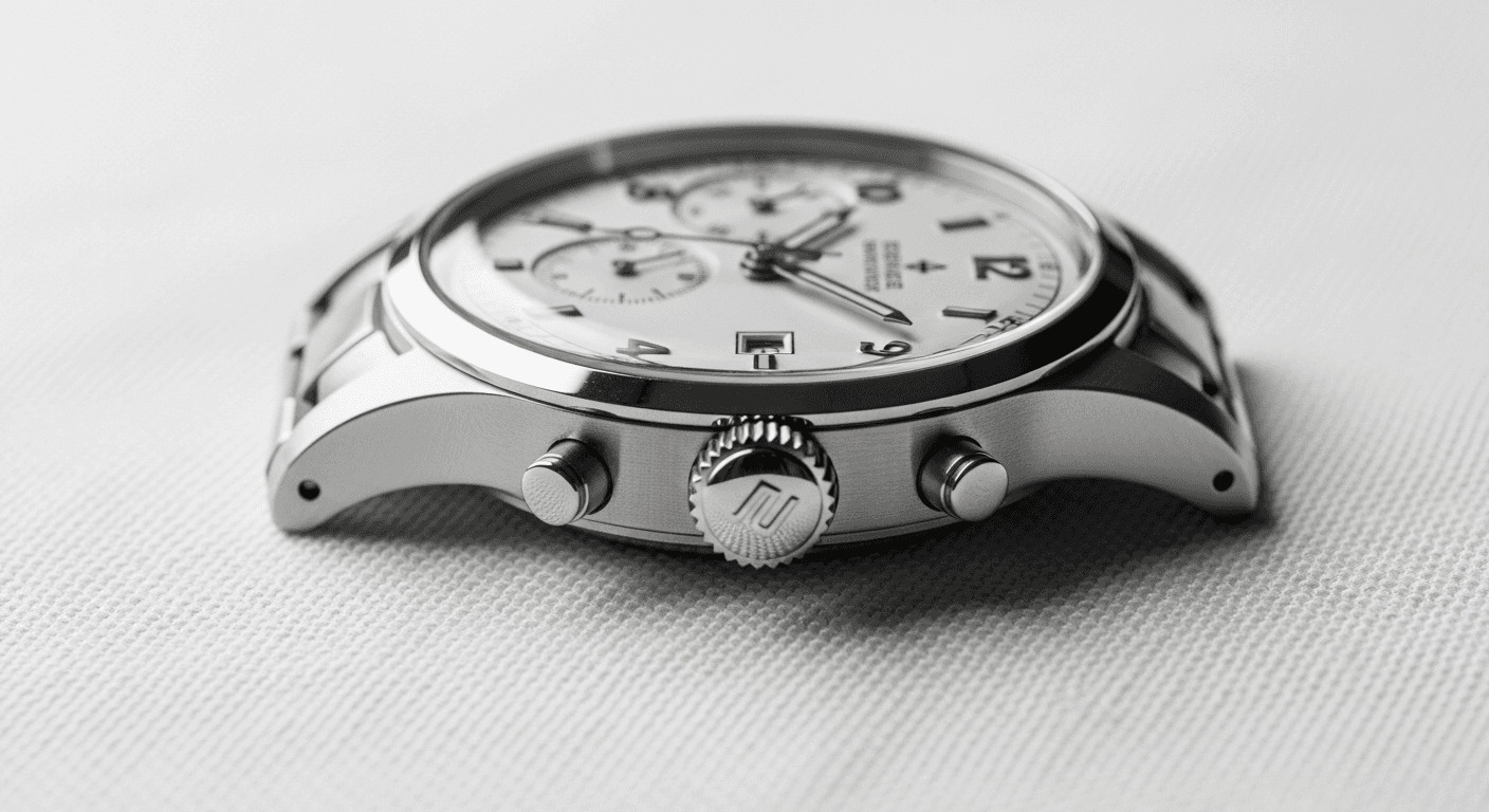 Studio product photo of a chrome wristwatch on white linen.